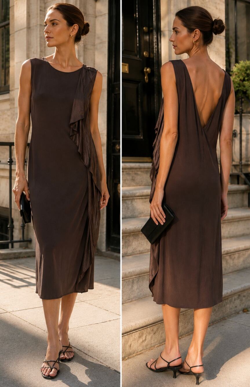 Halston Silk Midi Dress Brown Draped Ruffle Deep V Back 90s Minimalist 12